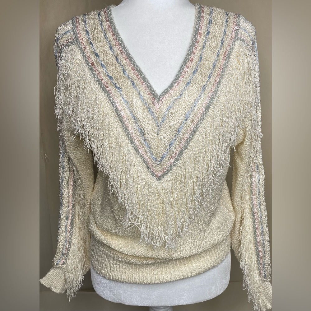 Vintage French Rags Hand Loomed 80’s V-Neck Long Sleeve Sweater Sz 2